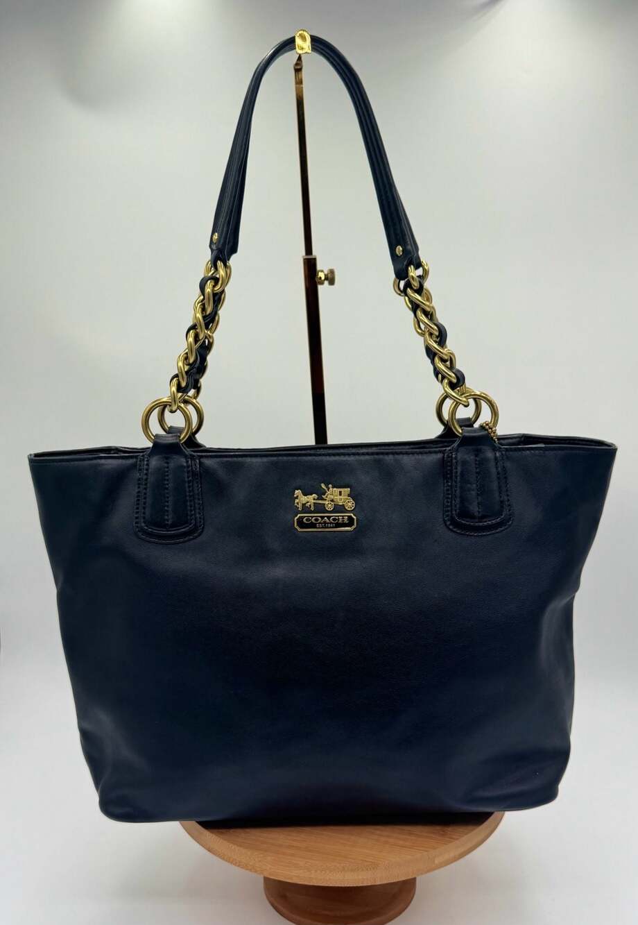 Coach Madison Black Leather Gold Hardware Chain Link Tote